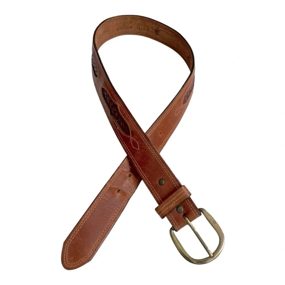 Vintage LEEGIN USA Inset Braided Leather Belt Cognac Saddle Tan Brown Two-Tone